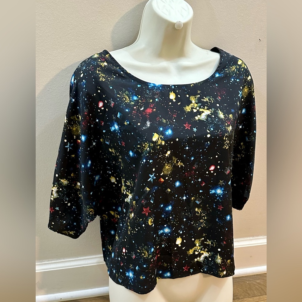 NWT silk like blouse. Celestial, stars, gemstones, or splatter paint design.